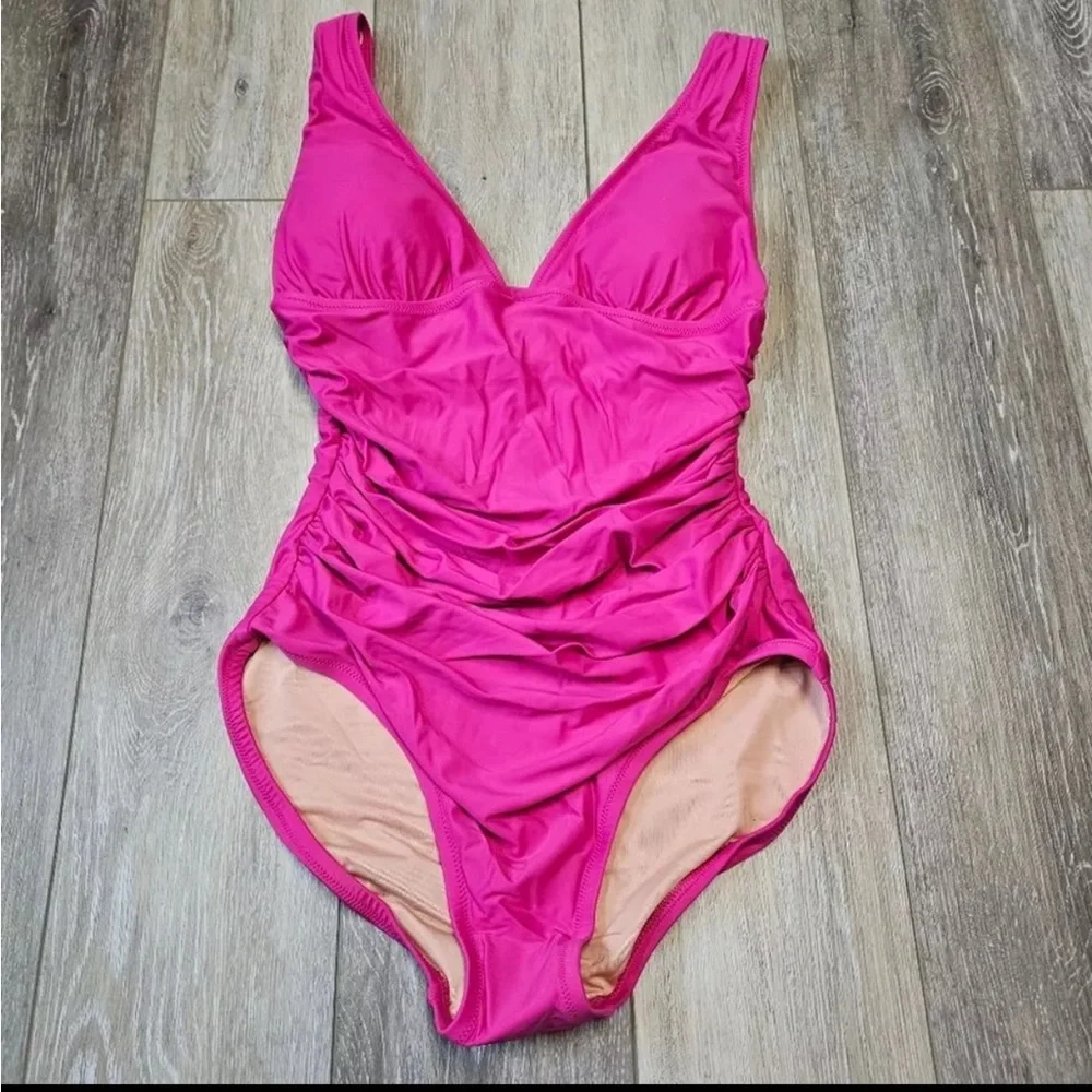 J.Crew Hot Pink Recycled Poly Ruched V-neck Flattering One-Piece Swimsuit NWT 22